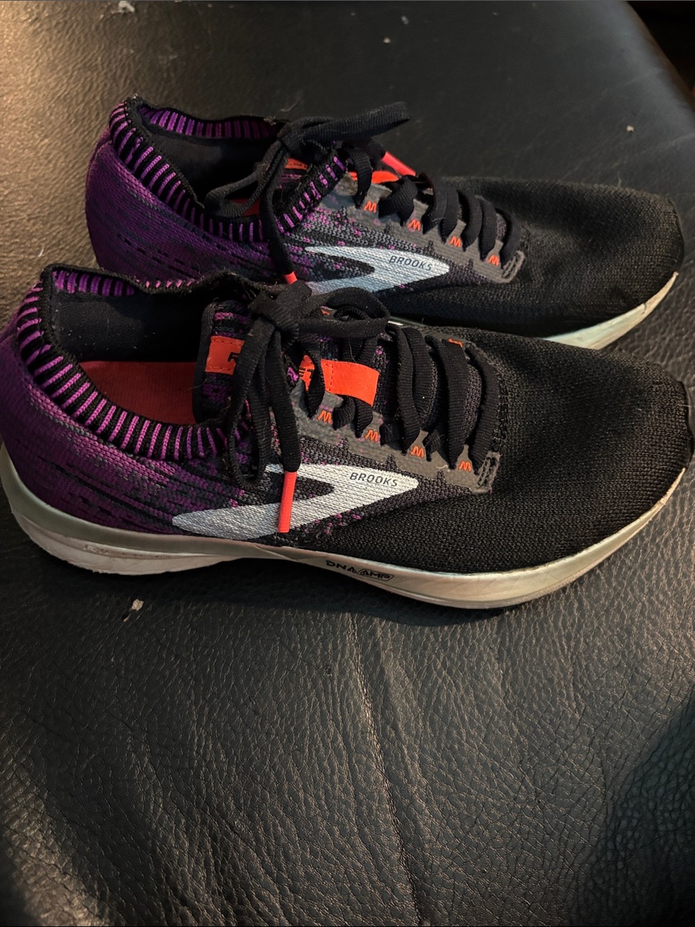 Brooks Black Knit Running Shoes with Purple and Coral Accents